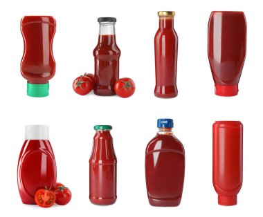Set with different bottles of ketchup on white background