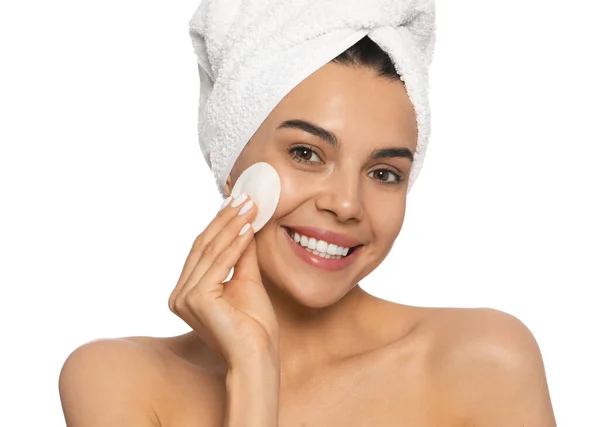 Young Woman Using Cotton Pad Micellar Water White Background — 图库照片