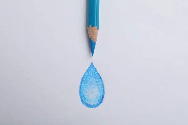 Zeichnung Von Wassertropfen Und Hellblauem Bleistift Auf Weißem Hintergrund Draufsicht — Stockfoto