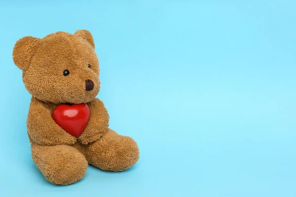 Cute Teddy Bear Red Heart Light Blue Background Space Text — Fotografia de Stock