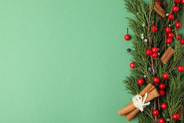 Boże Narodzenie Płaskie Leżał Kompozycja Gałęzi Iglastych Jagód Zielonym Tle — Zdjęcie stockowe