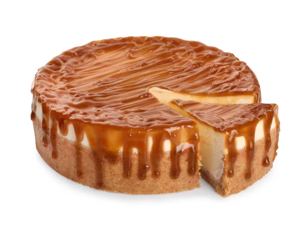 Sliced Delicious Cheesecake Caramel Isolated White — Foto Stock