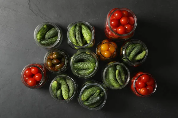 Pickling Jars Fresh Vegetables Black Table Flat Lay — Photo