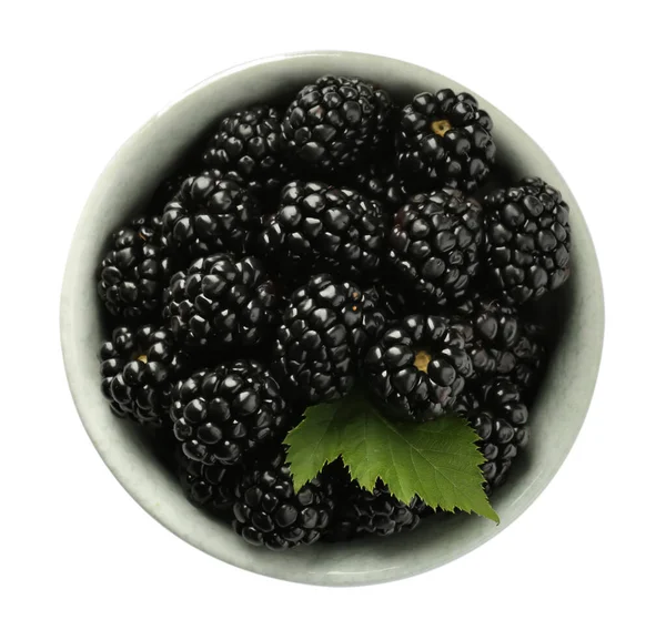 Bowl Fresh Ripe Blackberries Isolated White Top View — Foto de Stock