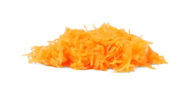 Pile of fresh grated carrot on white background
