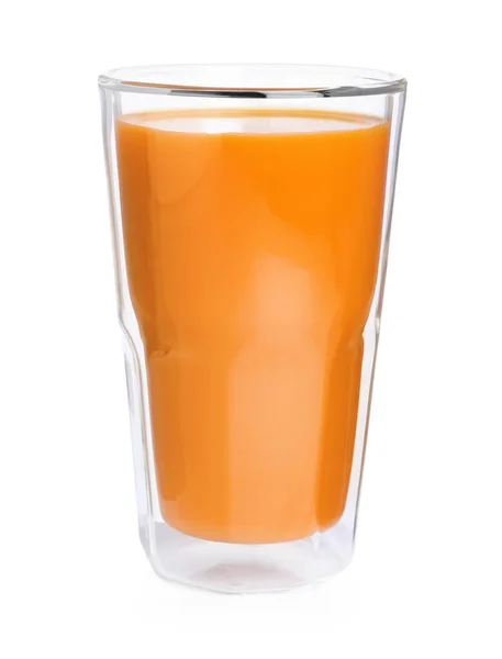 Jus Carotte Frais Verre Sur Fond Blanc — Photo