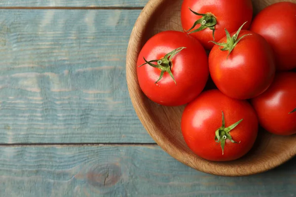 Ripe Tomatoes Bowl Blue Wooden Table Top View Space Text — Stok fotoğraf