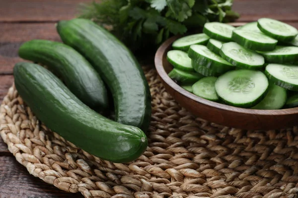 Fresh Ripe Cucumbers Wooden Table Closeup — Stockfoto