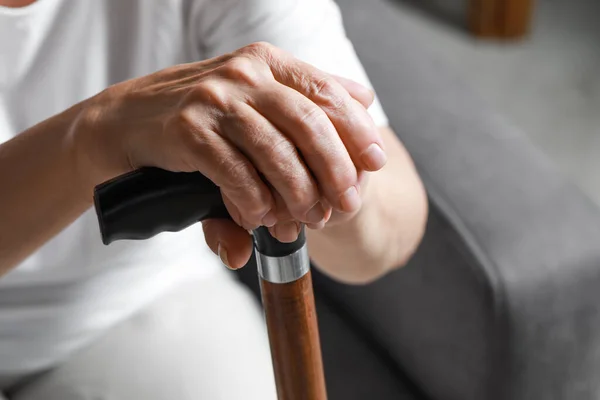 Elderly Woman Walking Cane Indoors Closeup Home Care Service — Stockfoto