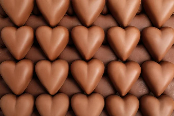 Lekkere Hartvormige Chocolade Snoepjes Als Achtergrond Bovenaanzicht Valentijnsdag — Stockfoto