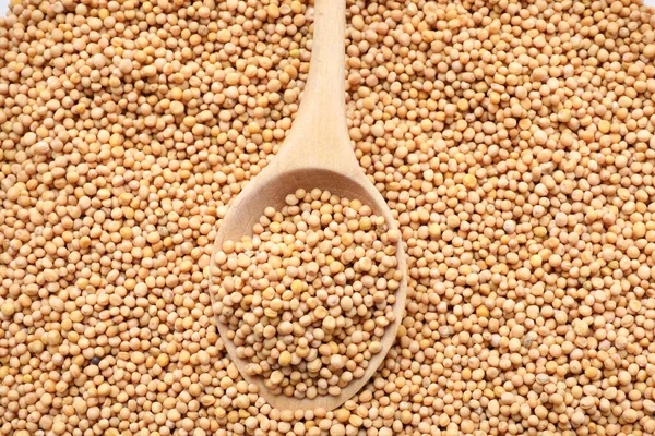 Mustard Seeds Wooden Spoon Background Top View — Foto Stock