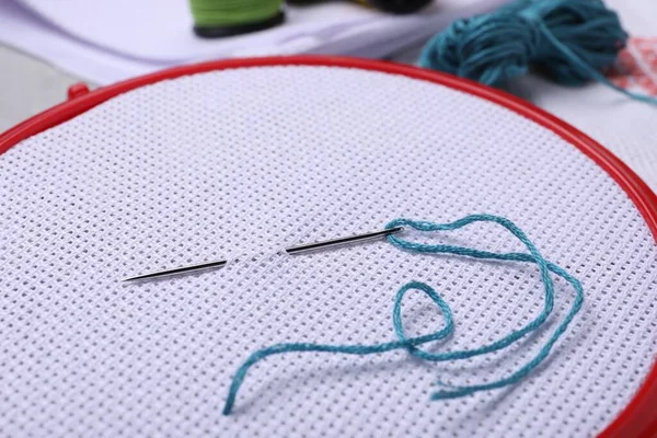 Embroidery Hoop Fabric Needle Closeup — Φωτογραφία Αρχείου