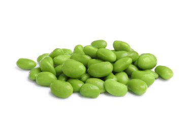 Pile of fresh edamame soybeans on white background