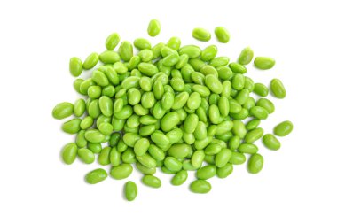 Pile of fresh edamame soybeans on white background, top view