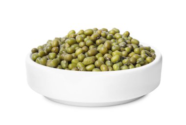 Bowl with green mung beans isolated on white. Organic grains