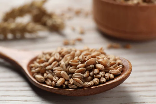 Wheat Grains Spoon White Wooden Table Closeup —  Fotos de Stock