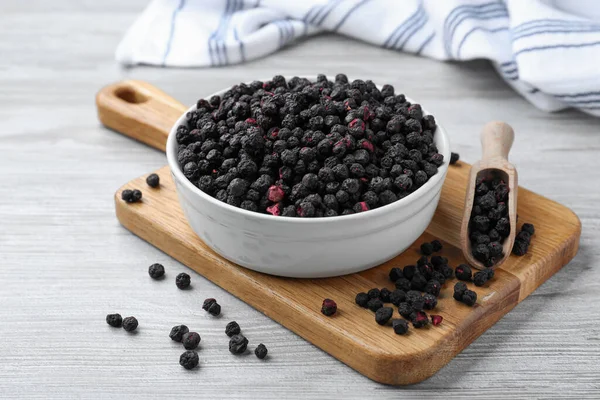 Bowl Scoop Dried Blueberries White Wooden Table — Stockfoto