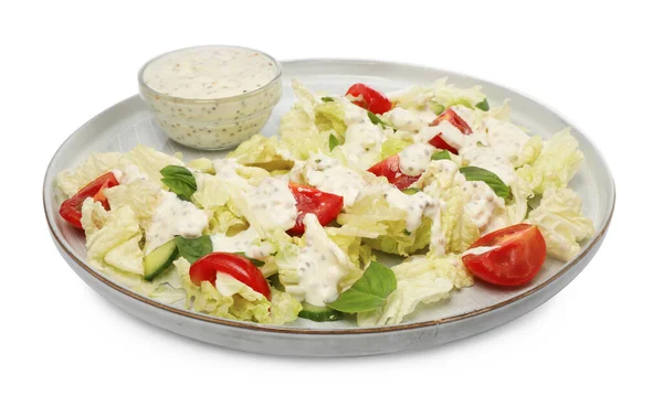 Delicious Salad Chinese Cabbage Tomatoes Cucumber Dressing Isolated White — Stok fotoğraf