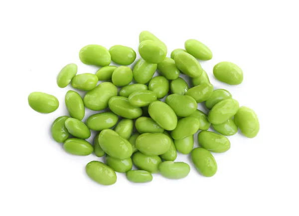 Pile Fresh Edamame Soybeans White Background Top View — Stockfoto