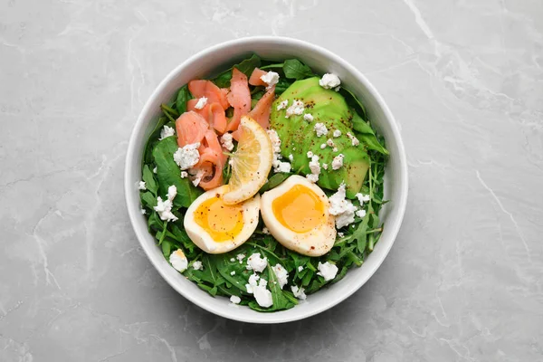 Delicious Salad Boiled Egg Salmon Cheese Bowl Light Grey Marble — Stockfoto