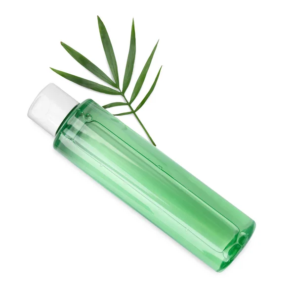 Bottle Micellar Cleansing Water Green Twig White Background Top View — Stockfoto