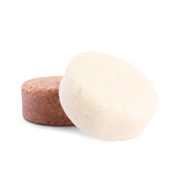 Solid shampoo bars on white background. Hair care