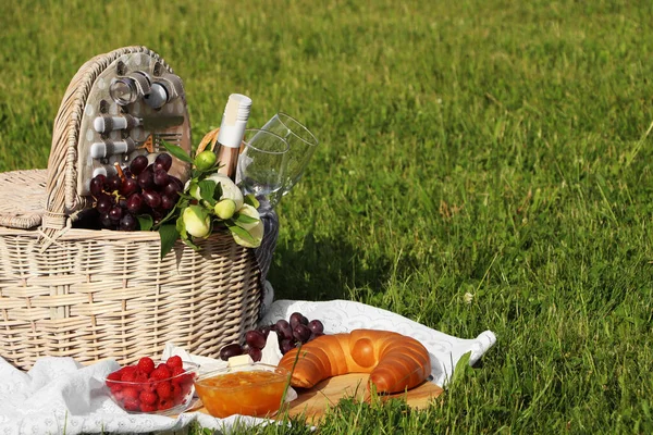 Picnic Blanket Tasty Food Flowers Basket Cider Green Grass Outdoors — Photo