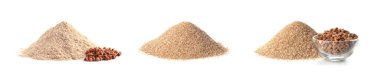 Set with buckwheat flour on white background. Banner design