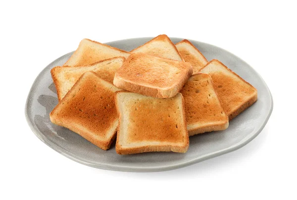 Plate Slices Delicious Toasted Bread White Background —  Fotos de Stock