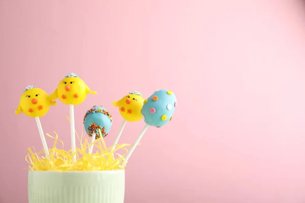Delicious Sweet Cake Pops Light Pink Background Space Text Easter — Stock Photo, Image