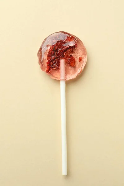 Sweet Colorful Lollipop Berries Beige Background Top View — Foto de Stock