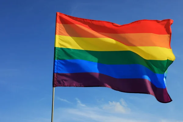 Bright Lgbt Flag Fluttering Blue Sky — Foto de Stock