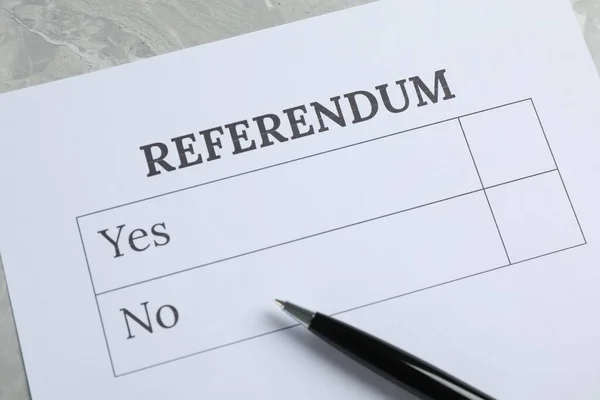 Referendum Ballot Pen Grey Table Closeup — 图库照片