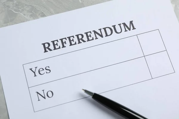 Referendum Ballot Pen Grey Table Closeup — Stock Fotó