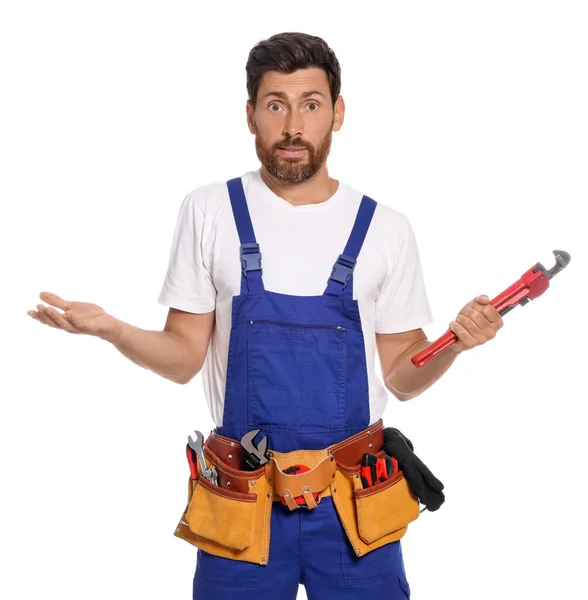 Professional Plumber Pipe Wrench Tool Belt White Background — Stok fotoğraf