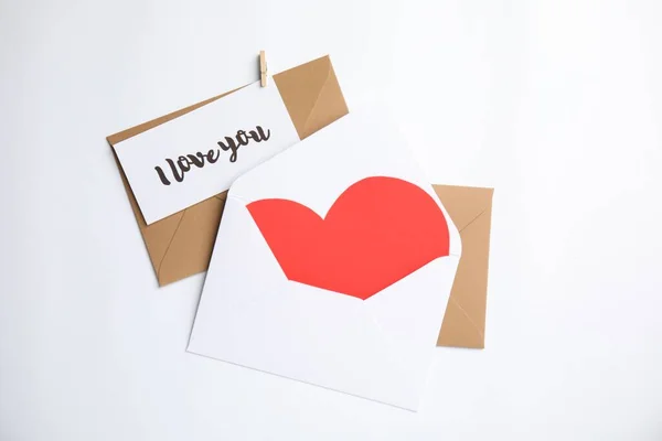 Card Phrase Love You Envelopes Red Heart White Background Flat — Stockfoto