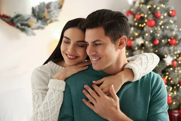 Happy Couple Decorated Christmas Tree Indoors — Stock Photo, Image
