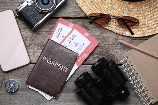 Flat Lay Composition Passport Tickets Wooden Table —  Fotos de Stock