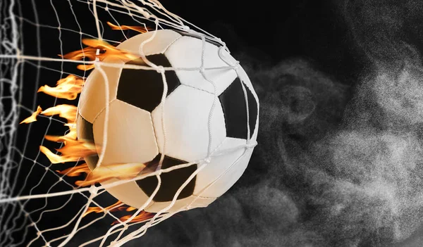 Soccer Ball Fire Net Black Background — Zdjęcie stockowe