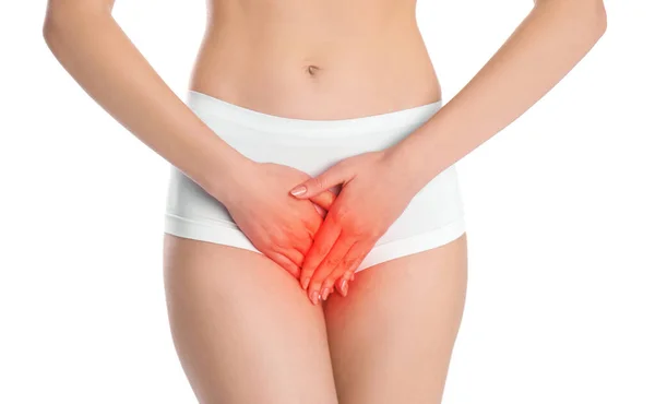 Woman Suffering Vaginal Yeast Infection White Background Closeup — Stock fotografie