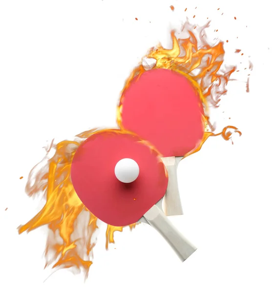 Ping Pong Rackets Ball Fire White Background — Photo