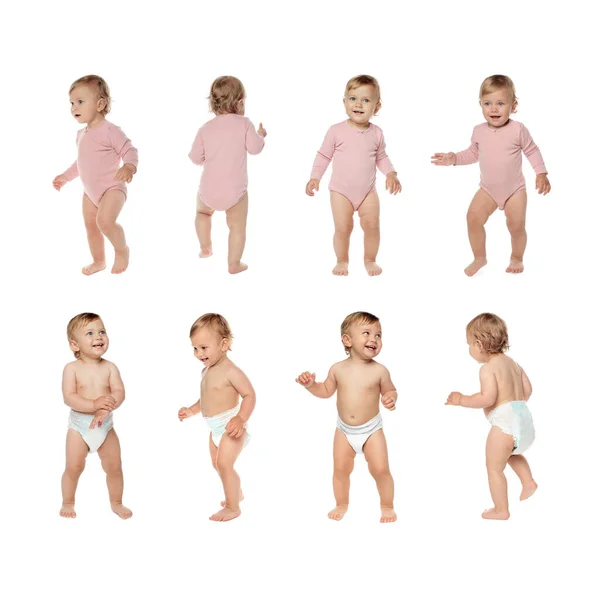 Collage Photos Cute Baby Learning Walk White Background —  Fotos de Stock