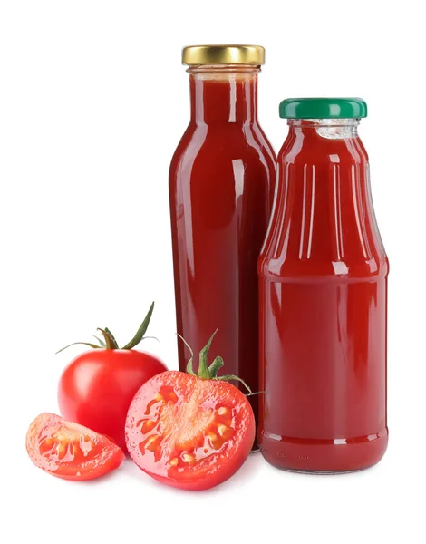 Tasty Ketchup Fresh Ripe Tomatoes White Background — Foto Stock