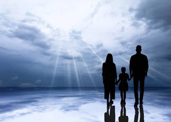 Silhouettes Godparents Child Beautiful View Sky Grey Clouds Space Text — Stockfoto