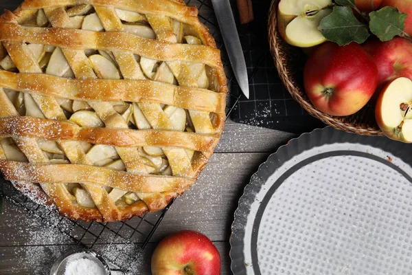 Delicioso Pastel Manzana Tradicional Mesa Puesta Plana — Foto de Stock