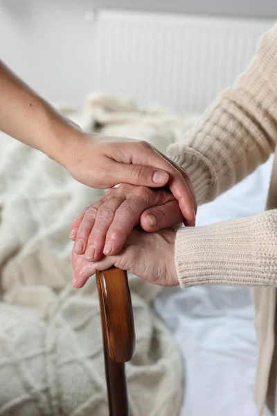 Caregiver Elderly Woman Walking Cane Home Closeup — ストック写真