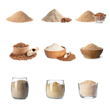 Set with buckwheat flour on white background