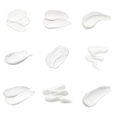 Set with samples of facial cream on white background