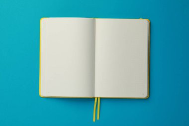 Blank notebook on light blue background, top view