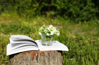 Open book and glass with flowers on tree stump outdoors